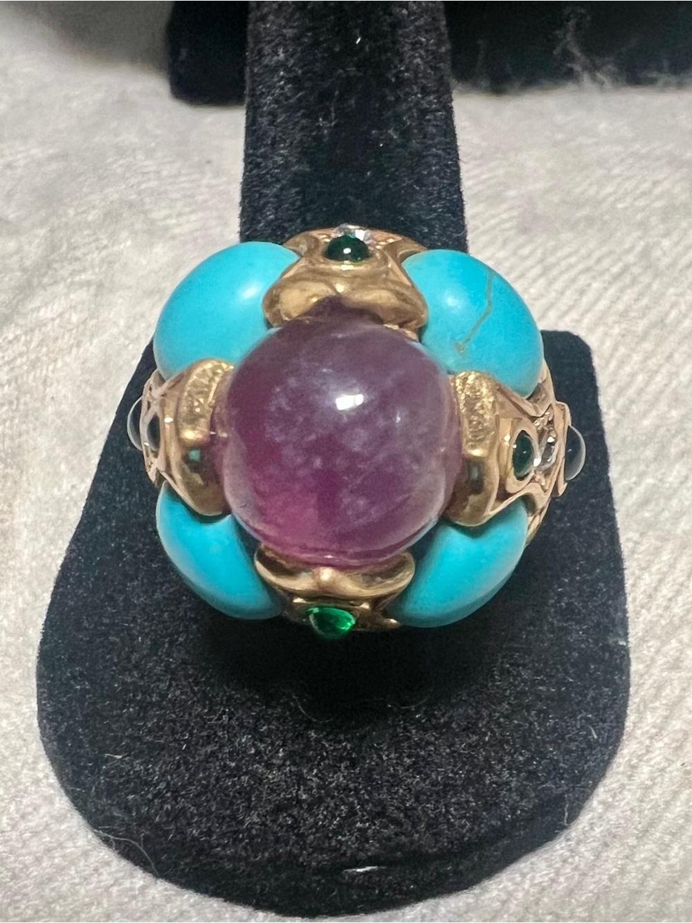 Retro Faux Turquoise and Purple Dome Ring with Green Accents